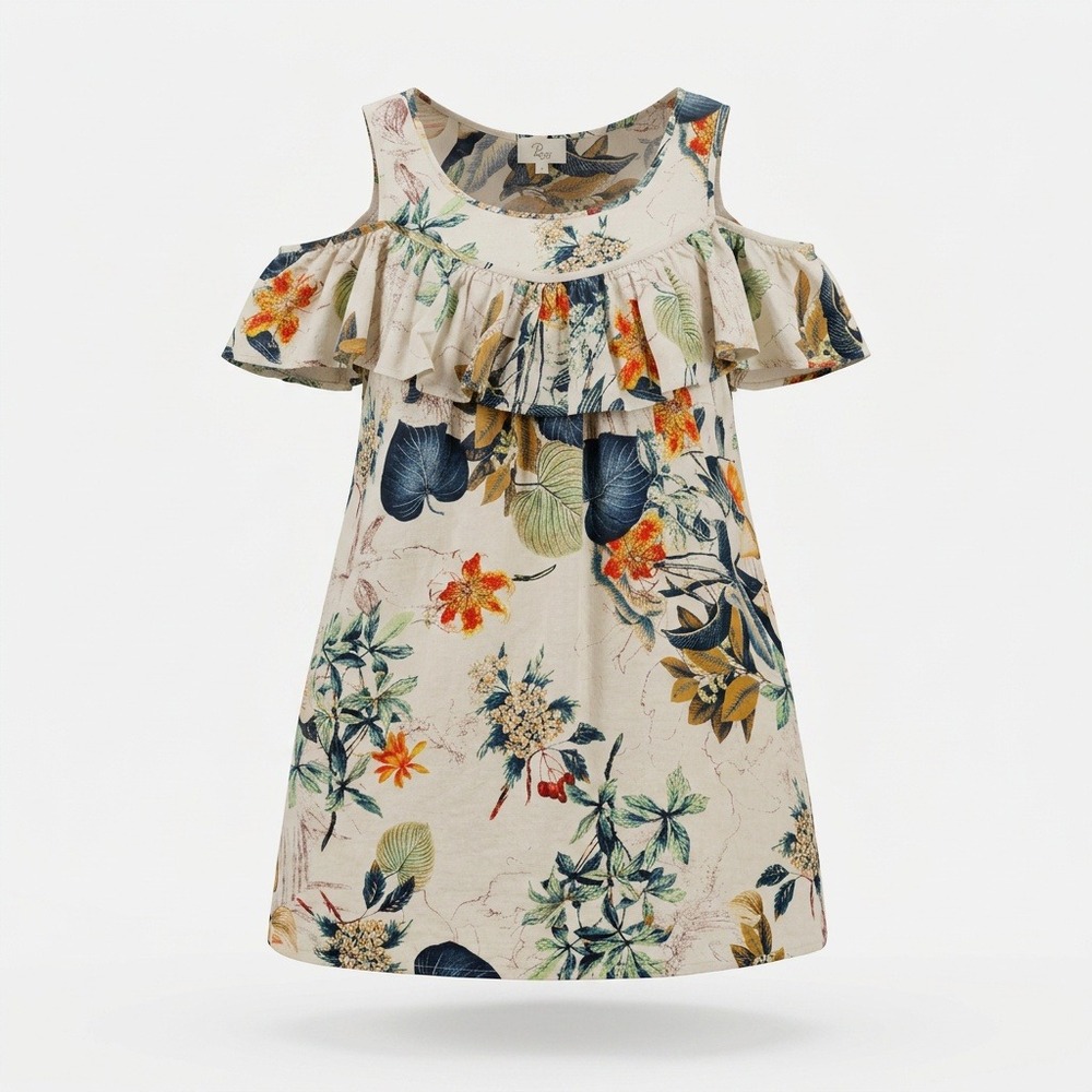 2Love Tropical Floral Cold Shoulder Ruffle Mini Dress Cream Botanical Print‎ M